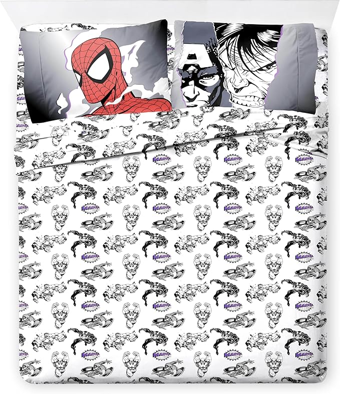Jay Franco Kids Comforter Set Includes Sheets and Pillow Covers - Soft and Cozy Bed Set for Stylish Room Decor, Black - Marvel Comics, 7 Piece Queen Size Bedding