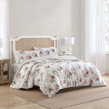 Laura Ashley - King Comforter Set, Reversible Brushed Cotton Flannel Bedding with Matching Shams, Luxuriously Soft & Warm Home Decor (Ashfield Red, King)