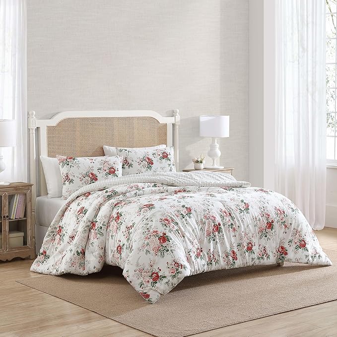 Laura Ashley - Twin Comforter Set, Reversible Brushed Cotton Flannel Bedding with Matching Sham, Luxuriously Soft & Warm Home Decor (Ashfield Red, Twin)