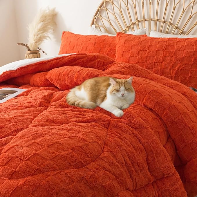 ELNIDO QUEEN® Fluffy Comforter Set Queen, Burnt Orange Winter Fleece Comforter Ultra Soft & Extra Pluffy Plush Comforter Set, Cozy Fuzzy Bed Comforter 3 Pieces (1Comforter & 2 Pillowcases),92x88 inch