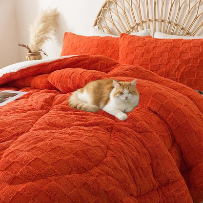 ELNIDO QUEEN® Fluffy Comforter Set Queen, Burnt Orange Winter Fleece Comforter Ultra Soft & Extra Pluffy Plush Comforter Set, Cozy Fuzzy Bed Comforter 3 Pieces (1Comforter & 2 Pillowcases),92x88 inch
