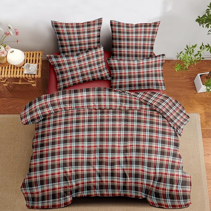 Nayoroom Plaid Comforter Set Queen Size Vintage Red Brown Gingham Checkered Tartan Comforter 3 Pieces Soft Lightweight Farmhouse Dorm Bedding Set for All Seasons