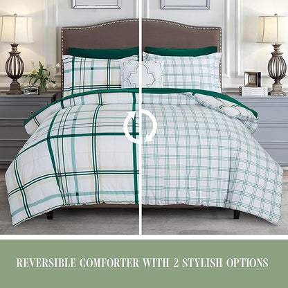 Elegant Comfort 8-Piece Lodge Plaid Reversible Comforter Set - All Season Bed in a Bag, 4-Piece Sheet Set Featuring Smart Pockets, Matching Shams and Decorative Pillow, Full/Queen, Emerald Green