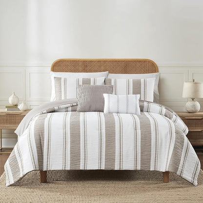 Modern Threads 5-Piece Jacquard Comforter Set, Lonnie King in White Taupe – Elegant Comforter, 2 Pillow Shams, and 2 Decorative Pillows