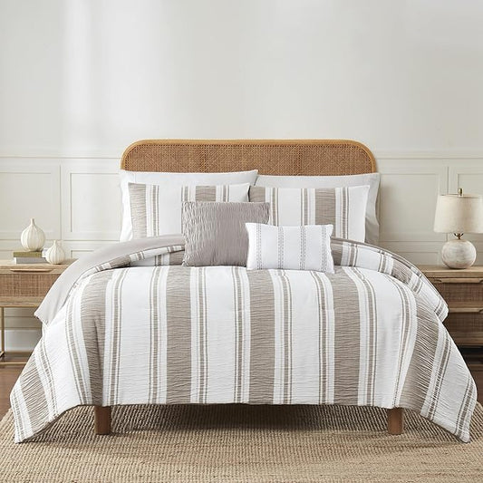 Modern Threads 5-Piece Jacquard Comforter Set, Lonnie King in White Taupe – Elegant Comforter, 2 Pillow Shams, and 2 Decorative Pillows