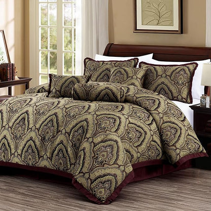 Chezmoi Collection Pierre Comforter Set Queen Size, 7-Piece Burgundy Black Gold Medallion Paisley Jacquard Bedding Set