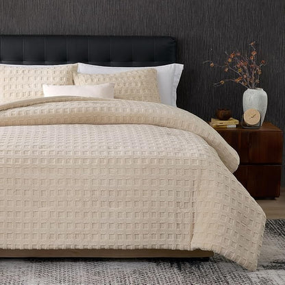Amélie Home Waffle Comforter Queen Set, Khaki Fluffy Fleece Bedding Set, Super Soft Fluffy Plush Bedding Set for Winter, 3 Pieces, 1 Fuzzy Comforter and 2 Pillowcases