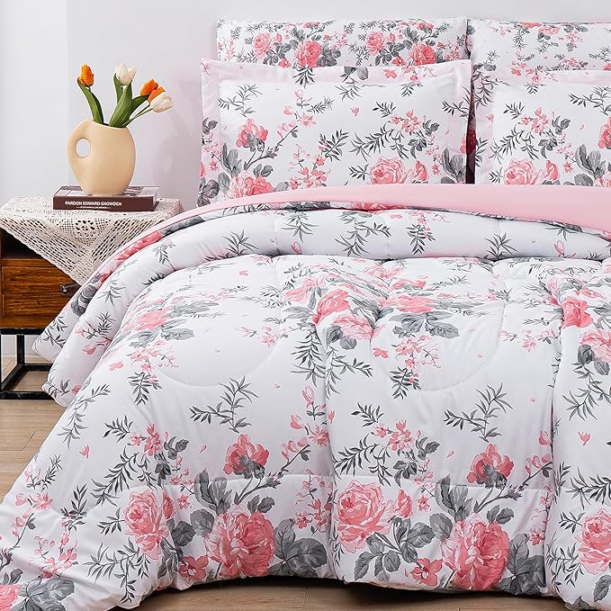 Floral King Comforter Set with Sheets, 7 Piece Luxury Vintage Bedding, Soft Microfiber Bed in a Bag, Cozy Lightweight Bed Set, Pink Flower Grey Leaf