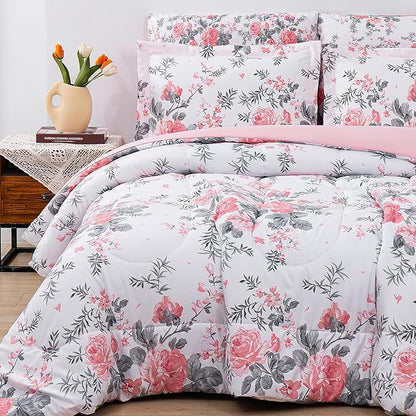 Floral Queen Comforter Set with Sheets, 7 Piece Luxury Vintage Bedding, Soft Microfiber Bed in a Bag, Cozy Lightweight Bed Set, Pink Flower Grey Leaf