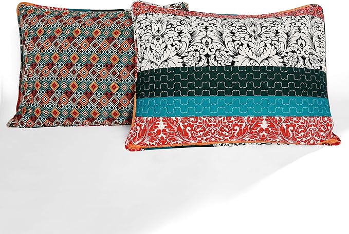 Lush Decor Boho Stripe Reversible Cotton Quilt 3-Piece Set, Full/ Queen, Turquoise & Tangerine - Bold Colorful Bohemian Bedding Set