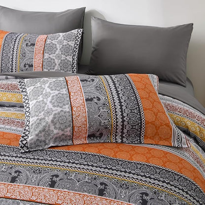 Cottolester Boho Comforter Set King Size,8 Pieces Orange Bohemian Striped Bed in a Bag,Paisley Soft Microfiber Bedding Comforter Set