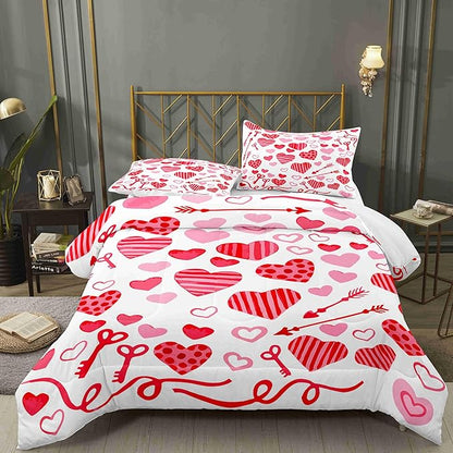 Valentine Hearts King Size Comforter Set with 2 Pillowcases, Red and Pink Heart Printed Pillow Shams Soft 3 Pcs Bedding for Kids Adults Bedroom Dormroom Bed Decor All Season