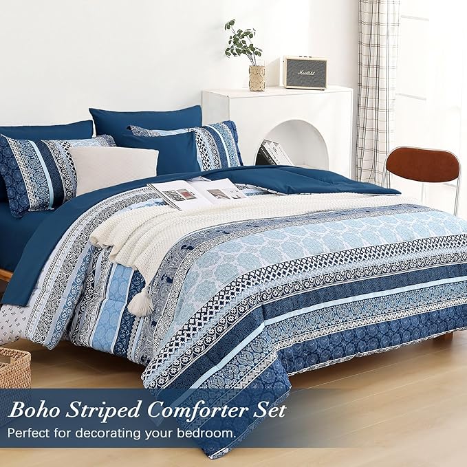 Boho Comforter Set Full Size,8 Pieces Navy Blue Bohemian Striped Bed in a Bag,Paisley Soft Microfiber Bedding Comforter Set