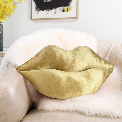 AELS 3D Large Lips Throw Pillows, Soft Decorative Love Pillows, Velvet Cute Pillow, 24 x 12 inches for Couch, Sofa, Bed, Living Room, Bedroom, Bronze Gold