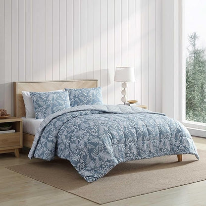 Eddie Bauer - Queen Comforter Set, Soft Reversible Bedding with Matching Shams, Wildflower Inspired Luxurious Bedding Set with Stripe Reverse (Fern Garden Blue, Queen)
