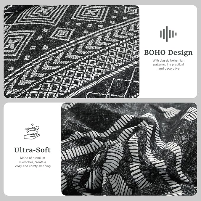 Yiran Black Comforter Set Full Size, Boho Aztec Comforter Bedding Set, 7 Piece Bohemian Summer Bed in a Bag, Soft Microfiber Striped Complete Bedding Set with Sheets for All Season