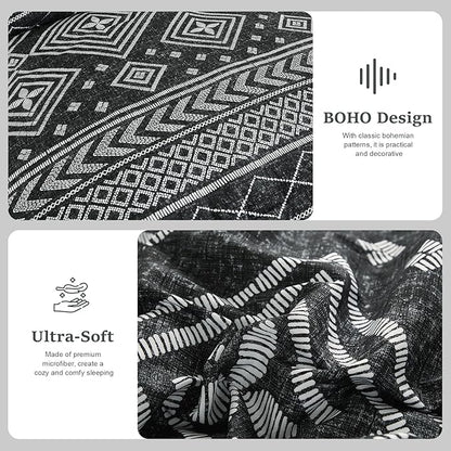 Yiran Queen Comforter Set, 7 Pieces Black Reversible Bedding Set, Boho Aztec Bed in A Bag, Lightweight Soft Bed Comforter Set with Sheets, Pillowcases & Shams