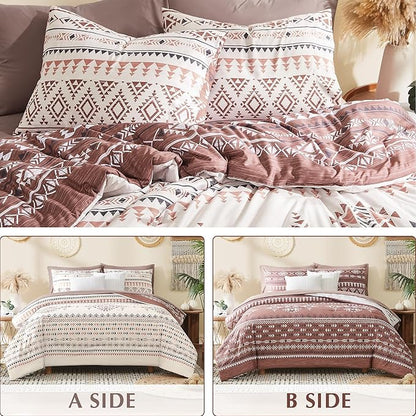 Geniospin Queen Comforter Set - 7 Pieces Reversible Bedding Set, Boho Bed in A Bag, Lightweight Soft Aztec Bedding, All Season Bed Comforter Set with Sheets, Pillowcases & Shams