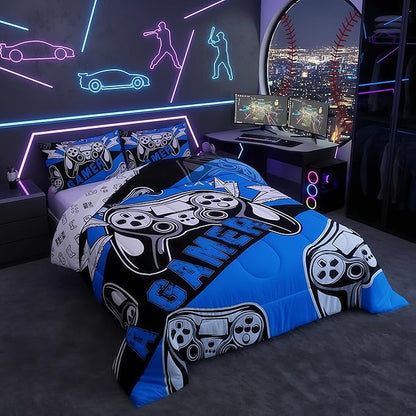Erosebridal Gamer Comforter Sets for Boys Full Size,Gaming Bedding Sets for Boys Kids Teens Gamepad Gaming Comforter Set Game Room Decor,Blue Black 3Pcs