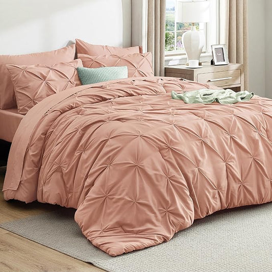 Bedsure Twin Comforter Set Dusty Pink - Bed in a Bag Twin Size Bedding 5 Pieces, GentleSoft™ Pintuck Bed Set Gift for Family, Pinch Pleat Dusty Pink Comforter with Sheets, Pillowcase & Sham