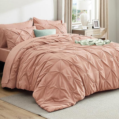 Bedsure King Size Comforter Set Dusty Pink - Bed in a Bag Bedding Set 7 Pieces, GentleSoft™ Pintuck Bed Set Gift for Family, Pinch Pleat Dusty Pink Comforter with Sheets, Pillowcases & Shams