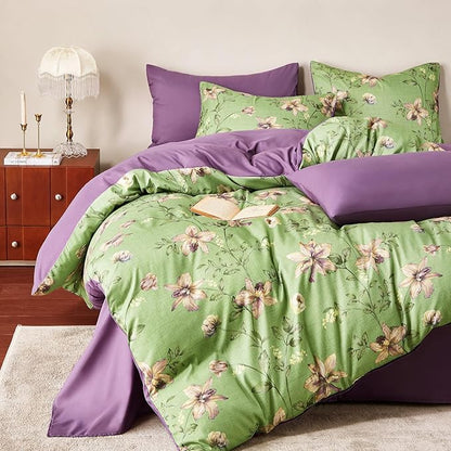 Wake In Cloud - Floral Comforter Set, Cottagecore Cottage Rustic Farmhouse Style with Botanical Flowers and Leaves Pattern, Soft Lightweight Bedding, 3-Piece, Green Purple, Twin/Twin XL Size