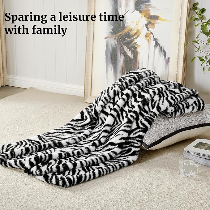 JONIYEAR Decorative Fuzzy Ridge Zebra Print Faux Rabbit Fur Throw Blanket 50" x 60", Double Sided Soft Thick Warm Shaagy Fluffy Blankets, Cute Cozy Plush Animal Lap Blanket for Women, White and Black
