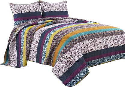 Lush Decor Boho Stripe Reversible Cotton Quilt 3-Piece Set, King, Plum & Yellow - Bold Colorful Bohemian Bedding Set