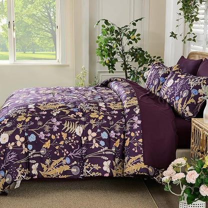 Yiran Purple Floral Comforter Set King Size, 7 Piece Botanical Comforter Bedding Set, Farmhouse Bed in a Bag, Soft Microfiber Complete Bedding Set with Sheets for All Season