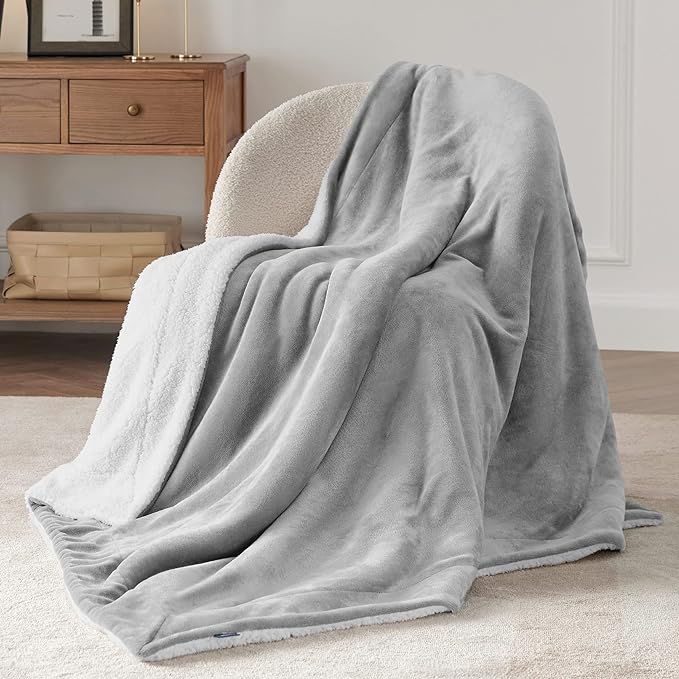Bedsure GentleSoft Sherpa Fleece Throw Blanket Twin Size for Couch - Thick and Warm Throw for Women and Men, Soft Fuzzy Plush Twin Blanket for Winter, Non-Heated, Light Grey, 60x80 Inches