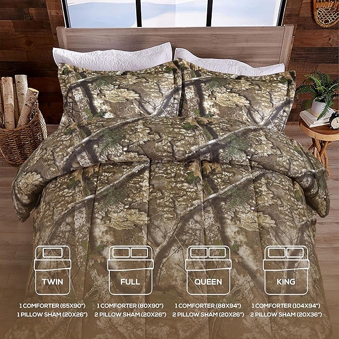 VISI-ONE Realtree APX Camo Queen 3 Piece Comforter Set – All-Season Lightweight Rustic Farmhouse Décor Bed Set, Unisex Gift for Outdoor, Hunter, Nature Lovers, Perfect for Cabin, Farm, Ranch & Lodges