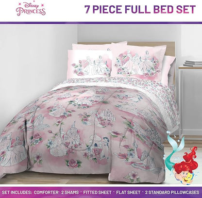 Jay Franco Kids Comforter Set Includes Sheets and Pillow Covers - Soft and Cozy Bed Set for Stylish Room Decor, Pink - Disney Princess, 7 Piece Full Bedding