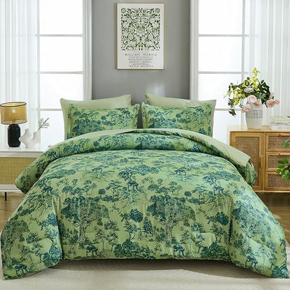 DJY King Size Comforter Sets, 7 Pieces Bed in a Bag King Green Botanical Comforter Set with Sheets, White Elegant Plants Print Soft Microfiber Reversible Complete Bedding Sets for All Season