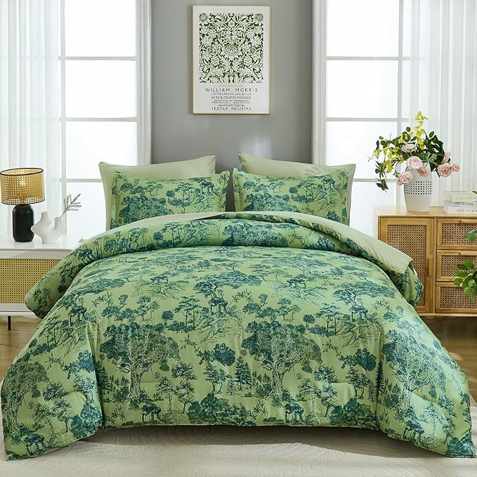 DJY Queen Size Comforter Sets, 7 Pieces Green Botanical Comforter Set with Sheets Bed in a Bag Queen White Elegant Plants Print Soft Microfiber Reversible Complete Bedding Sets for All Season
