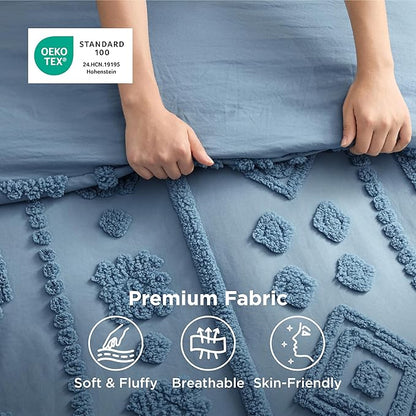 Bedsure Boho Tufted Blue Comforter Set Queen Size, GentleSoft™ 3 Pieces Boho Farmhouse Decor Bedding, Exquisite Shabby Chic Bedding for All Seasons, 1 Bed Comforter, 2 Pillow Shams, 90x90 Inches