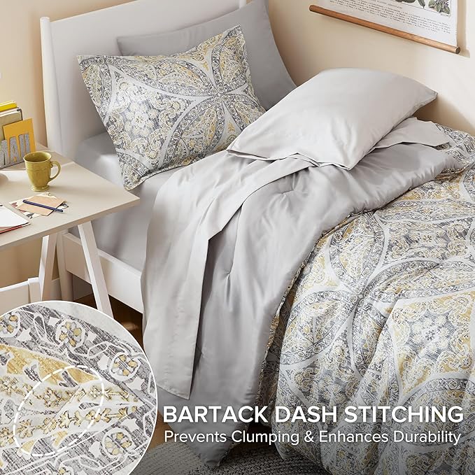 Comfort Spaces Bed in A Bag Comforter Set - Trendy Casual Design Twin Comforter with Complete Sheet Set with Side Pocket, All Season Comforter Twin, Shams, Gloria, Twin Grey/Yellow 6 Piece