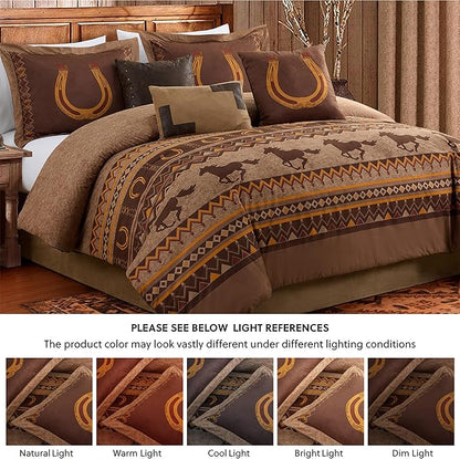 Chezmoi Collection Sedona 7-Piece Southwestern Wild Horses Microsuede Bedding Comforter Set, Extra Wide Queen, Brown