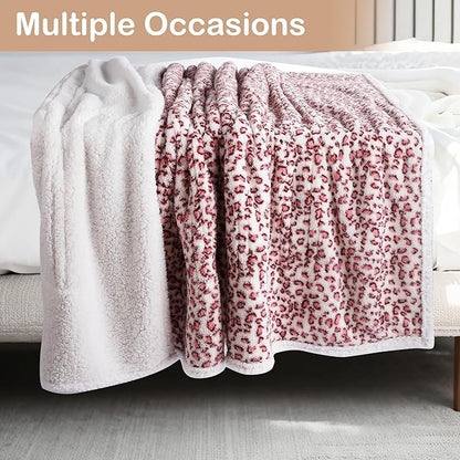 Electric Heated Blanket Throw Size 50"×60" with 9 Heating Levels & 1-10 Hs auto Off, Heating Throw Double Sided Sherpa, Energy Efficient, Machine Washable, Leopard Print Pink & White