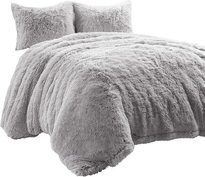 Lush Decor Emma Faux Fur Soft Fluffy Oversized Duvet Cover Set, Full/Queen, Light Gray - Warm Plush 3 Piece Bedding Set