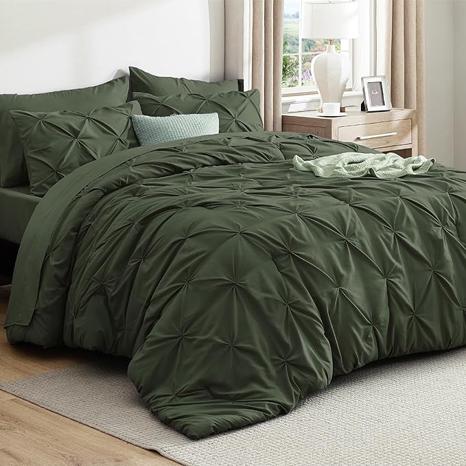 Bedsure Twin Comforter Set Olive Green - Bed in a Bag Twin Size Bedding 5 Pieces, GentleSoft™ Pintuck Bed Set Gift for Family, Pinch Pleat Olive Green Comforter with Sheets, Pillowcase & Sham
