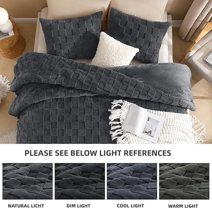 Litanika Fluffy Full Size Comforter Set Dark Grey, 3 Pieces Warm Sherpa Fleece Winter Bedding Set, Jacquard Checkered Plush Fuzzy Bed Set(1 Comforter, 2 Pillowcases)