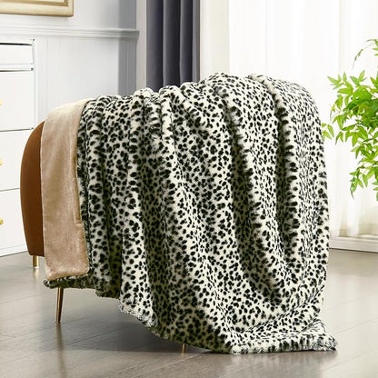 JONIYEAR Soft White Snow Leopard Faux Rabbit Fur Blanket Twin Size 60" x 70",Oversized Luxe Cozy Fluffy Cheetah Blankets for Sofa,Reversible Fuzzy Warm Animal Printed Blanket for Women Winter,Washable
