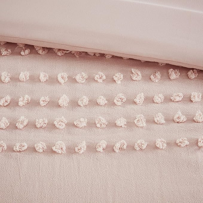 Comfort Spaces Cotton Comforter Set Jacquard Pom-Pom Tufts Design, Down Alternative, All Season Modern Bedding, Matching Shams, Twin/Twin XL, Phillips, Blush
