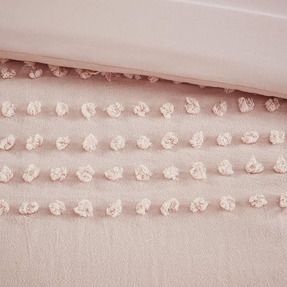 Comfort Spaces Cotton Comforter Set Jacquard Pom-Pom Tufts Design, Down Alternative, All Season Modern Bedding, Matching Shams, Full/Queen, Phillips, Blush