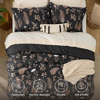 Bedsure Comforter Set Queen Size - Floral Bedding Comforter Set, 3 Pieces, 1 Soft Black Comforter and 2 Pillow Shams