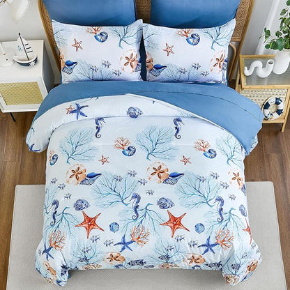 WONGS BEDDING Coastal Full Comforter Set, 7 Pieces Beach Themed Ocean Sand Dollor & Starfish Pattern Bed in a Bag, Summer Bed Comforter Bedding Set(78"×90")