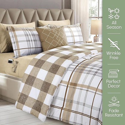 Elegant Comfort 8-Piece Lodge Plaid Reversible Comforter Set - All Season Bed in a Bag, 4-Piece Sheet Set Featuring Smart Pockets, Matching Shams and Decorative Pillow, King/California King, Taupe