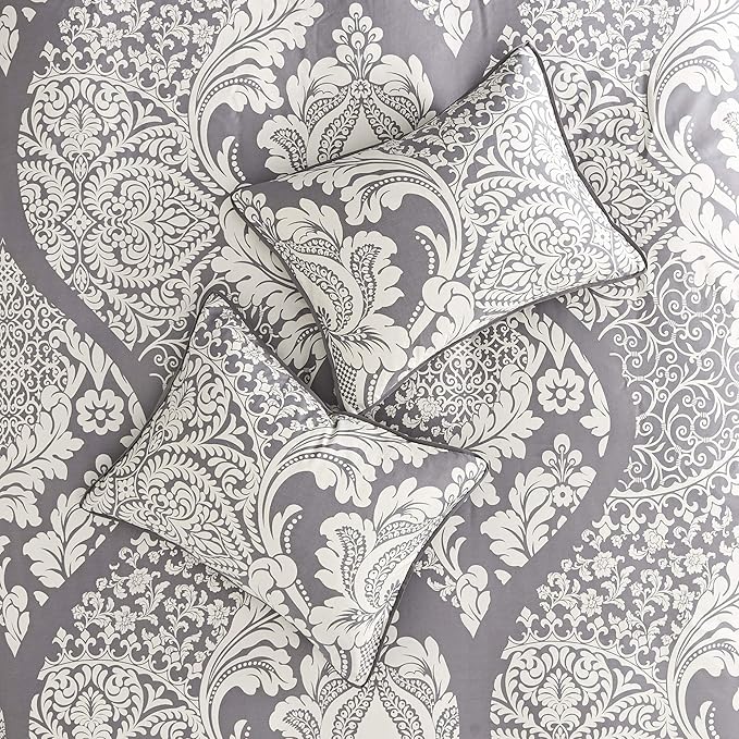 Madison Park Vienna Sateen Cotton Comforter Set, Breathable, Soft Cover, Trendy, All Season Down Alternative Cozy Bedding with Matching Shams, Queen, Grey 7 Piece