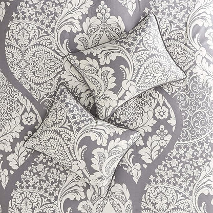 Madison Park Vienna Sateen Cotton Comforter Set, Breathable, Soft Cover, Trendy, All Season Down Alternative Cozy Bedding with Matching Shams, Queen, Grey 7 Piece