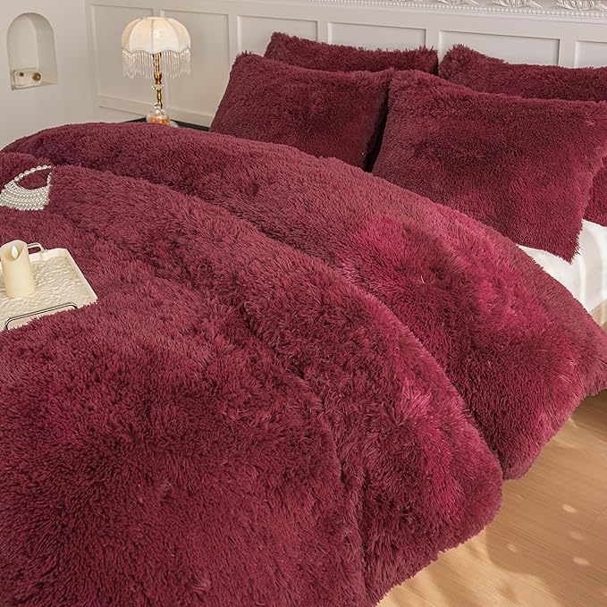 chovy Faux Fur Plush Wine Red Comforter Sets King - Ultra Soft Shaggy Flannel Velvet Fluffy Fuzzy 3PC Bedding Set (Comforter x 1 Pillowcases x 2)